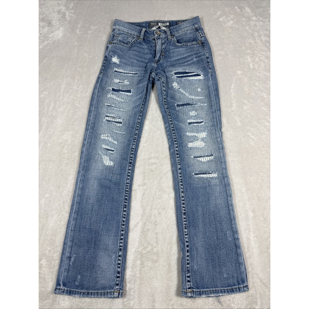 BKE Jeans Mens 26R (26X29) Med Wash Aiden Bootcut Stretch Cowboy Distress Patch